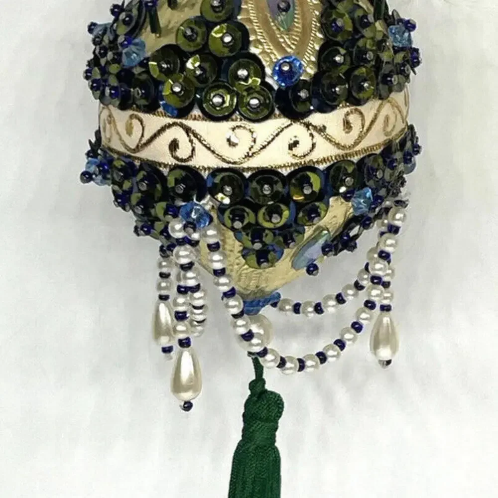 Iridescent Green Gold Beaded‎ Push Pin Chandelier Christmas Ornament MCM Vintage